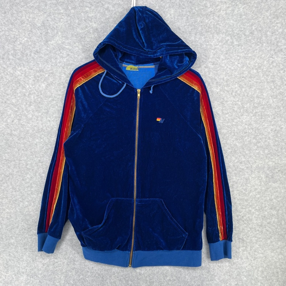RARE Aviator Nation Hoodie ❖ Velvet Collection Velour Navy Relaxed Zip Large
